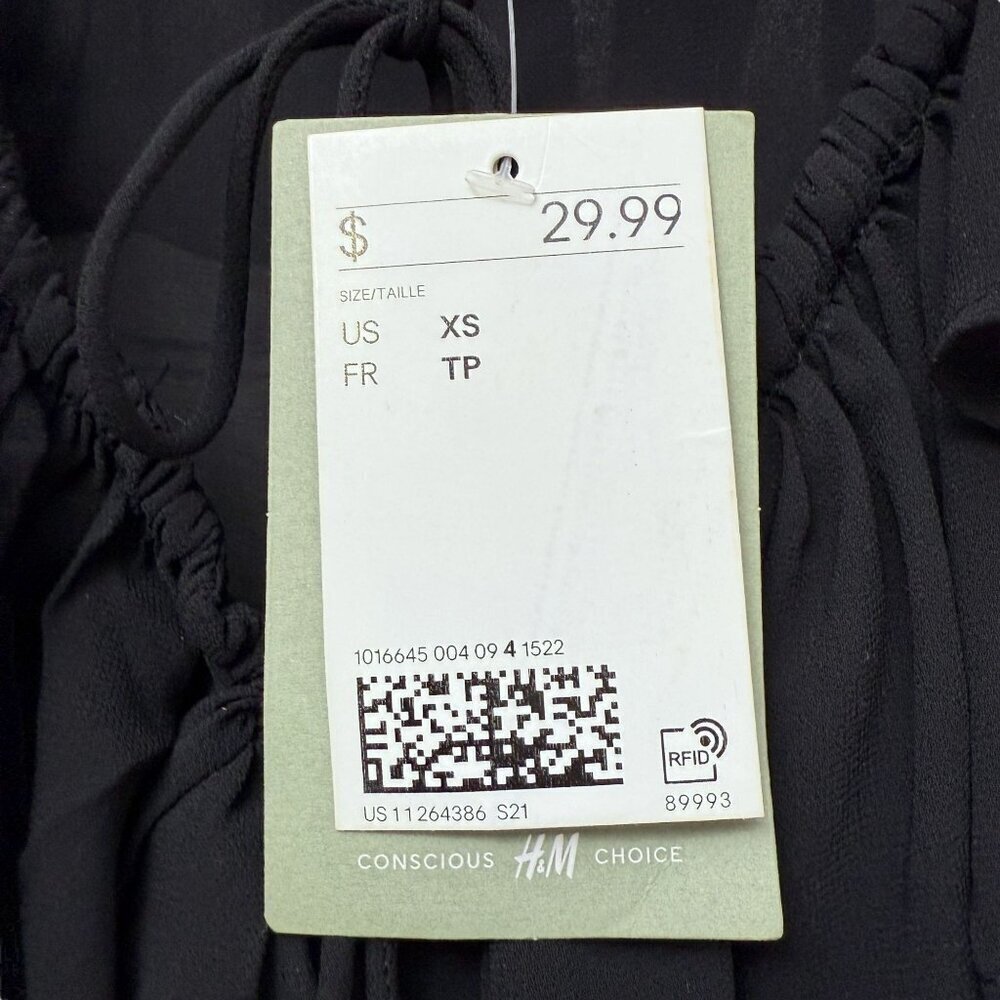 H&M Ruffle Blouse Black XS Oversized Chiffon Peasant Poet Flowy Top NWT - Picture 5 of 9